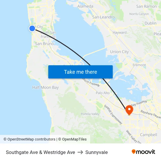 Southgate Ave & Westridge Ave to Sunnyvale map