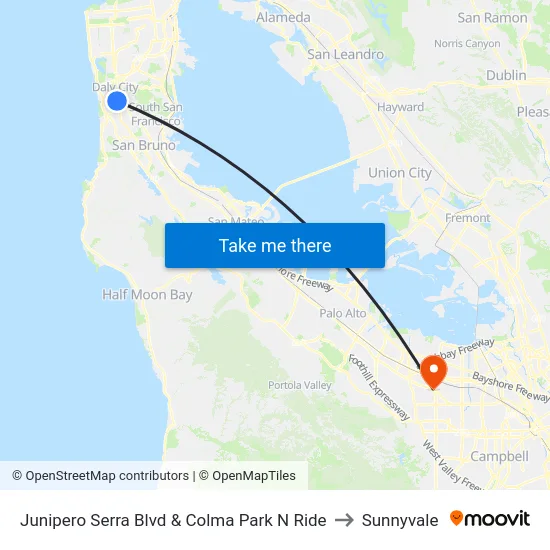 Junipero Serra Blvd & Colma Park N Ride to Sunnyvale map