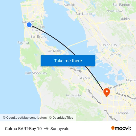 Colma BART-Bay 10 to Sunnyvale map