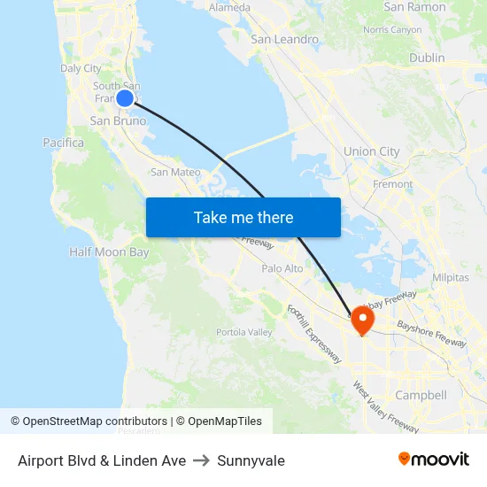 Airport Blvd & Linden Ave to Sunnyvale map