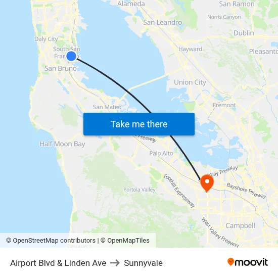 Airport Blvd & Linden Ave to Sunnyvale map