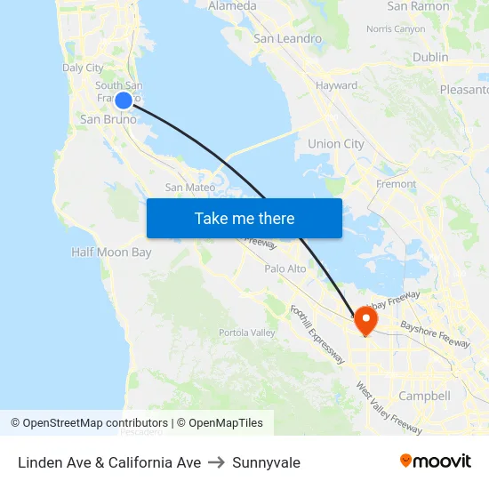 Linden Ave & California Ave to Sunnyvale map
