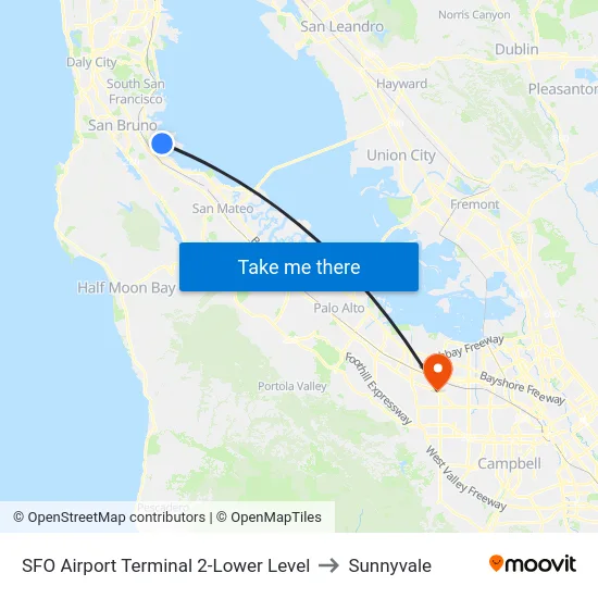 SFO Airport Terminal 2-Lower Level to Sunnyvale map