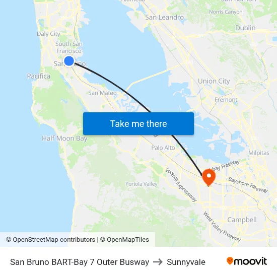 San Bruno BART-Bay 7 Outer Busway to Sunnyvale map