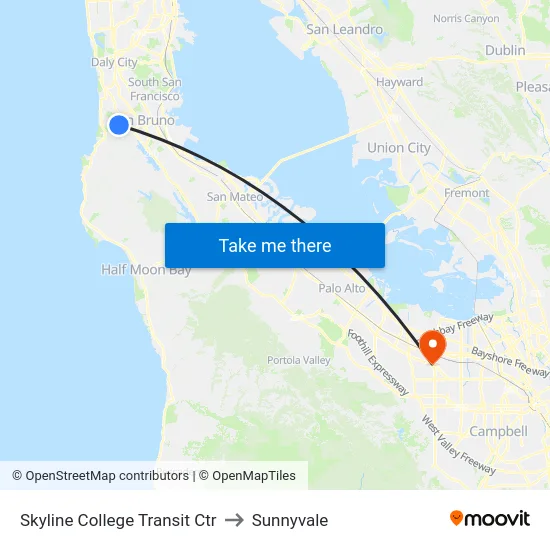 Skyline College Transit Ctr to Sunnyvale map
