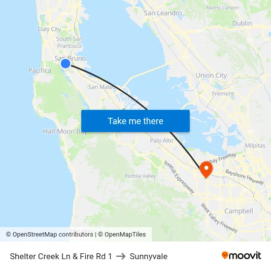Shelter Creek Ln & Fire Rd 1 to Sunnyvale map