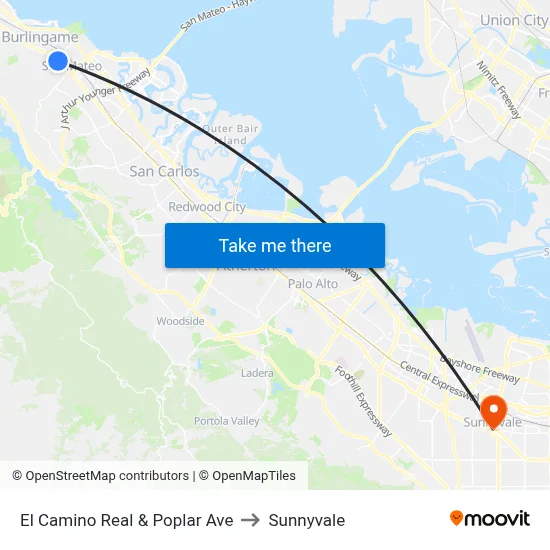 El Camino Real & Poplar Ave to Sunnyvale map