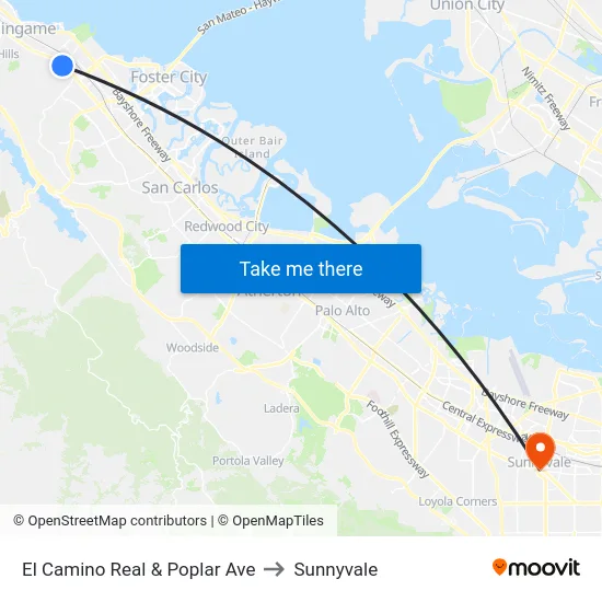 El Camino Real & Poplar Ave to Sunnyvale map