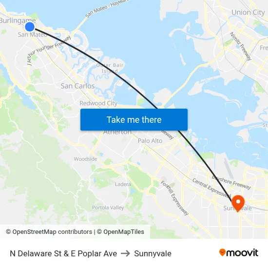 N Delaware St & E Poplar Ave to Sunnyvale map