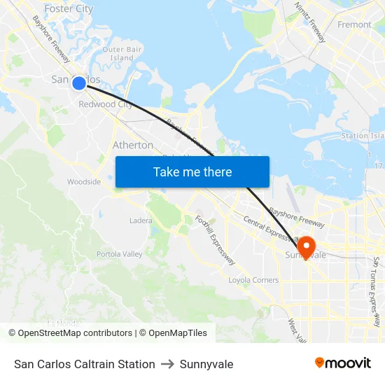 San Carlos Caltrain Station to Sunnyvale map
