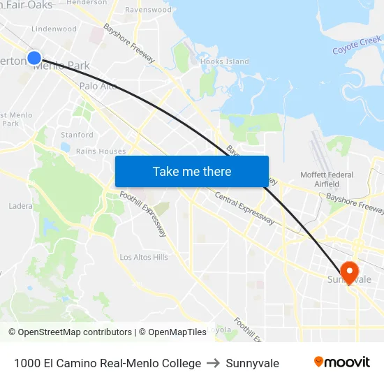 1000 El Camino Real-Menlo College to Sunnyvale map