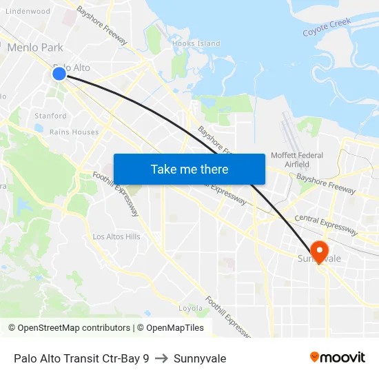 Palo Alto Transit Ctr-Bay 9 to Sunnyvale map