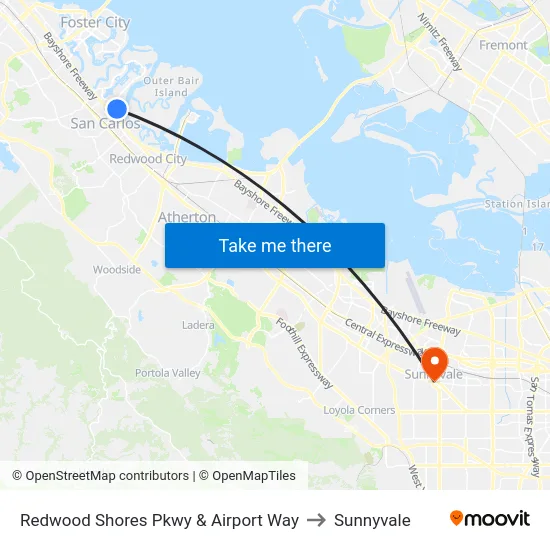 Redwood Shores Pkwy & Airport Way to Sunnyvale map