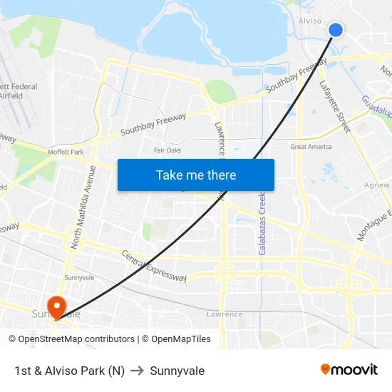 1st & Alviso Park (N) to Sunnyvale map