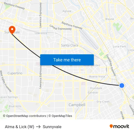 Alma & Lick (W) to Sunnyvale map