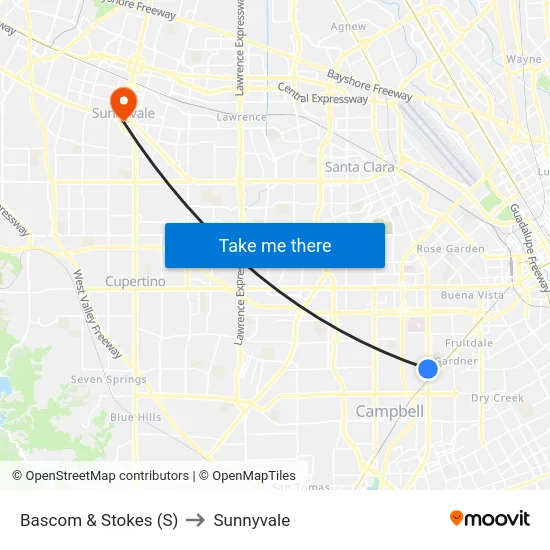Bascom & Stokes (S) to Sunnyvale map