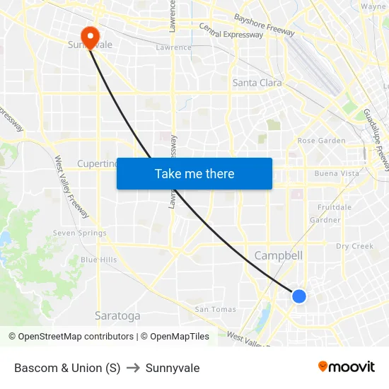Bascom & Union (S) to Sunnyvale map