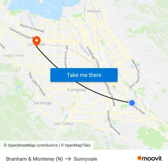 Branham & Monterey (N) to Sunnyvale map