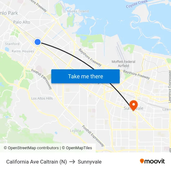California Ave Caltrain (N) to Sunnyvale map
