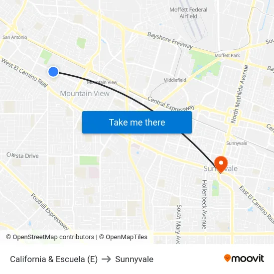 California & Escuela (E) to Sunnyvale map