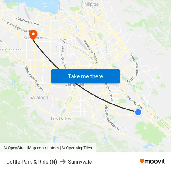 Cottle Park & Ride (N) to Sunnyvale map