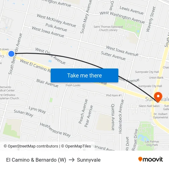 El Camino & Bernardo (W) to Sunnyvale map