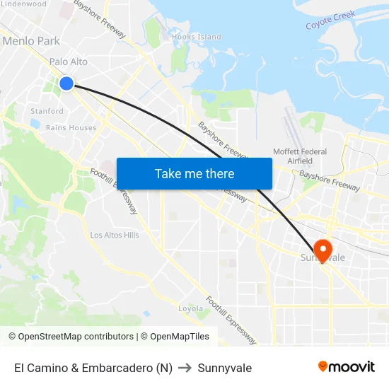El Camino & Embarcadero (N) to Sunnyvale map