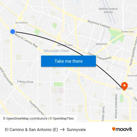 El Camino & San Antonio (E) to Sunnyvale map