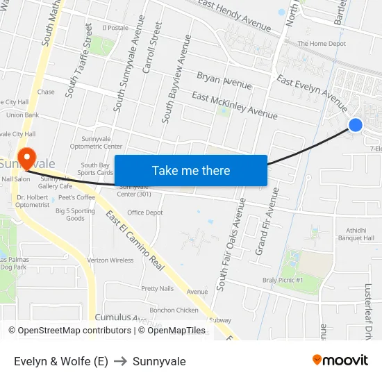 Evelyn & Wolfe (E) to Sunnyvale map