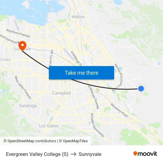 Evergreen Valley College (S) to Sunnyvale map
