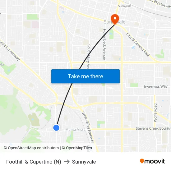 Foothill & Cupertino (N) to Sunnyvale map