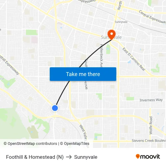 Foothill & Homestead (N) to Sunnyvale map