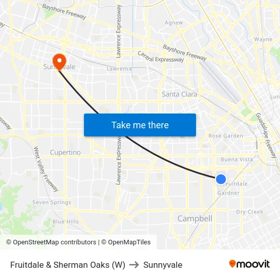 Fruitdale & Sherman Oaks (W) to Sunnyvale map