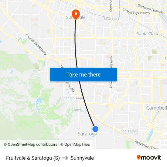 Fruitvale & Saratoga (S) to Sunnyvale map