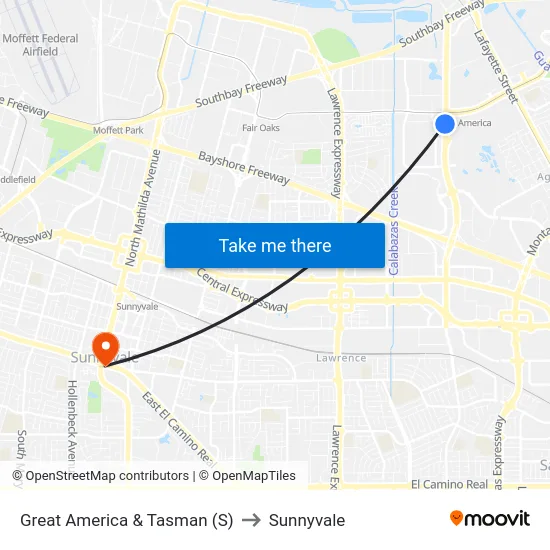 Great America & Tasman (S) to Sunnyvale map