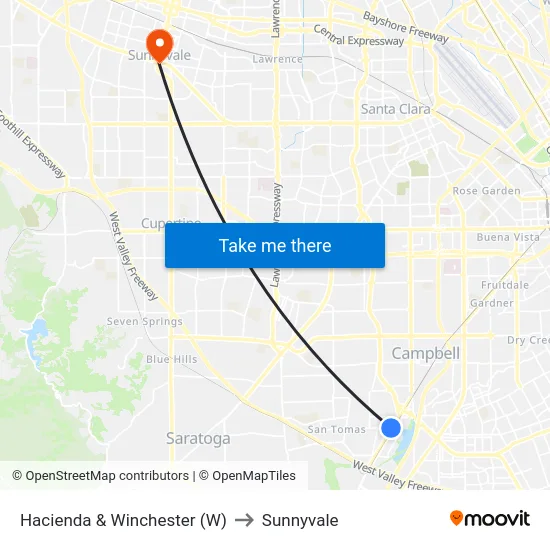 Hacienda & Winchester (W) to Sunnyvale map