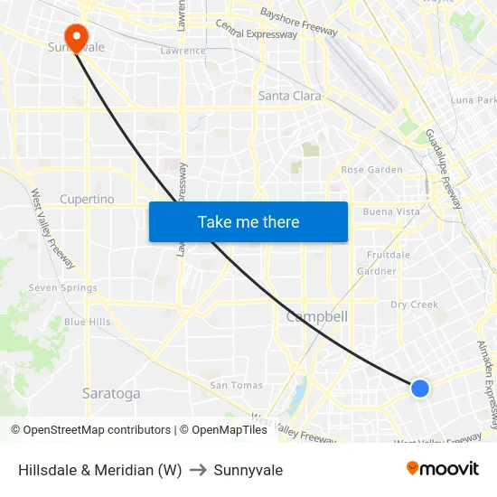 Hillsdale & Meridian (W) to Sunnyvale map