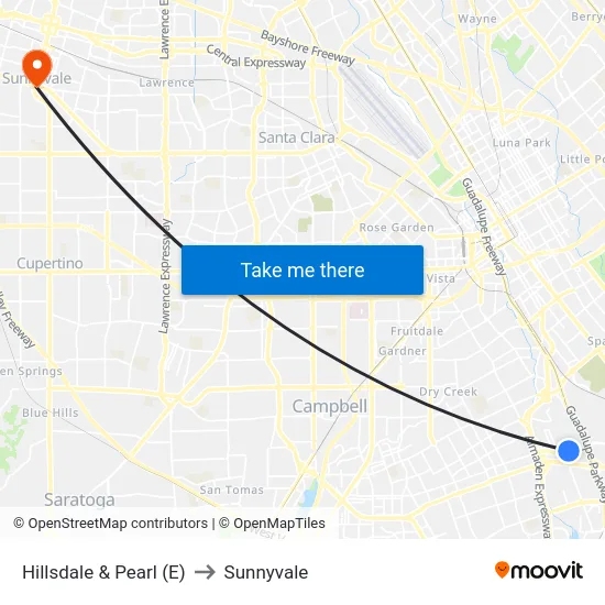 Hillsdale & Pearl (E) to Sunnyvale map