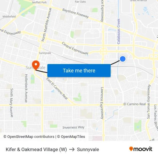 Kifer & Oakmead Village (W) to Sunnyvale map