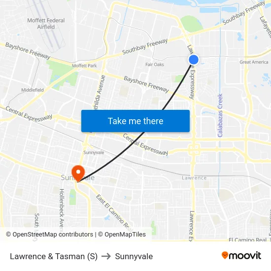 Lawrence & Tasman (S) to Sunnyvale map