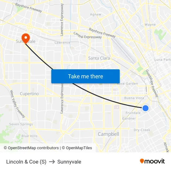 Lincoln & Coe (S) to Sunnyvale map