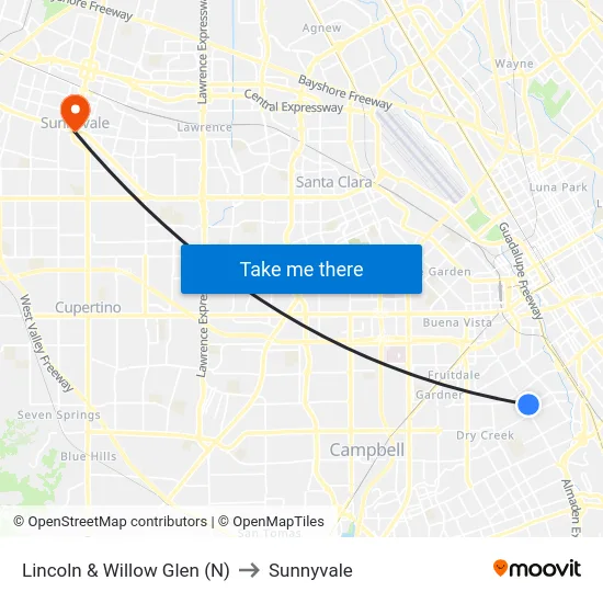 Lincoln & Willow Glen (N) to Sunnyvale map