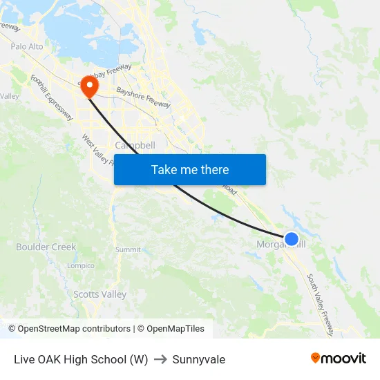 Live OAK High School (W) to Sunnyvale map