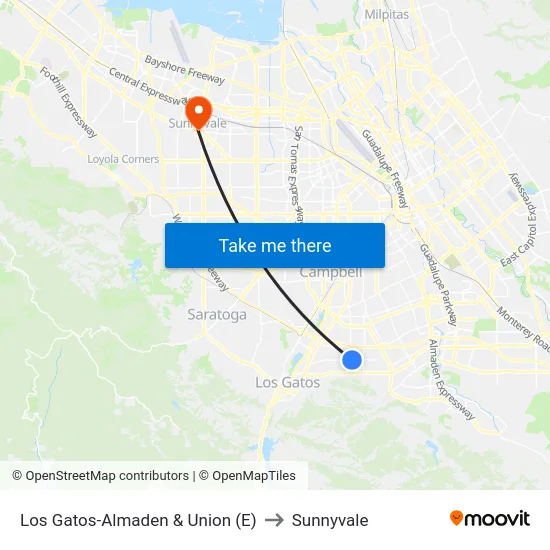 Los Gatos-Almaden & Union (E) to Sunnyvale map