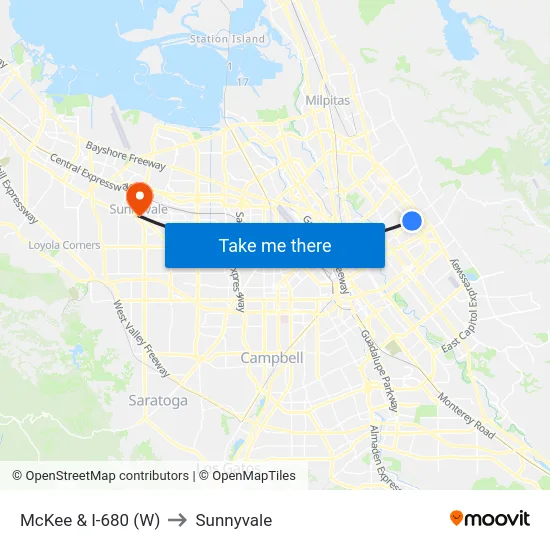 McKee & I-680 (W) to Sunnyvale map