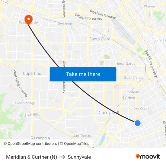 Meridian & Curtner (N) to Sunnyvale map