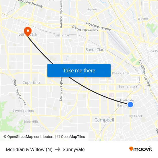Meridian & Willow (N) to Sunnyvale map
