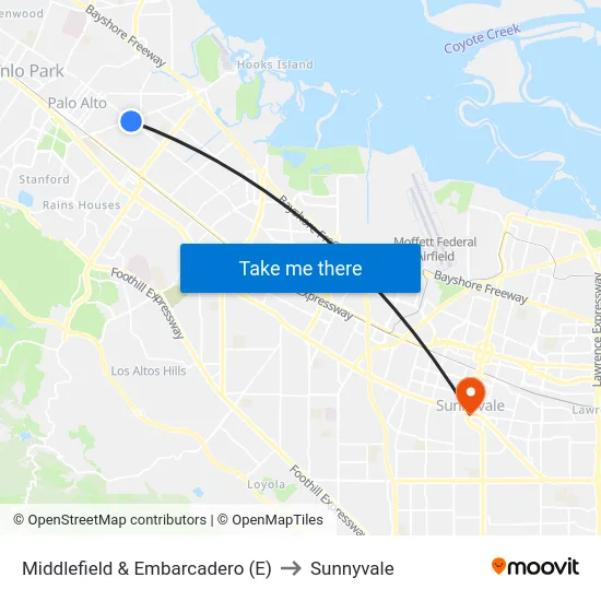 Middlefield & Embarcadero (E) to Sunnyvale map