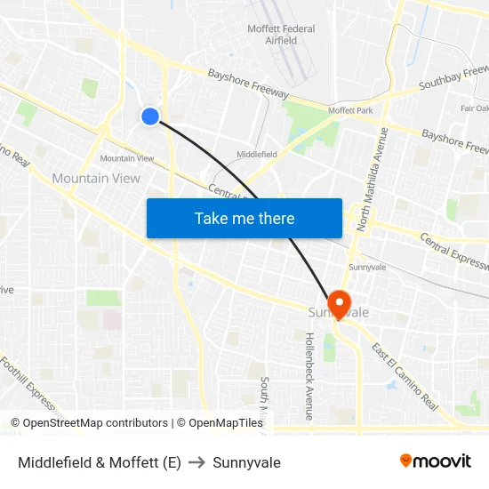 Middlefield & Moffett (E) to Sunnyvale map