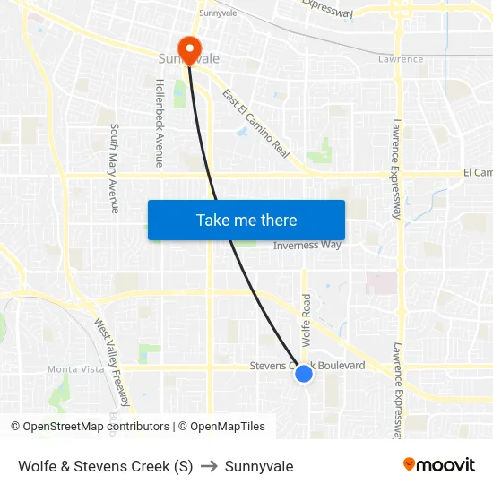Wolfe & Stevens Creek (S) to Sunnyvale map